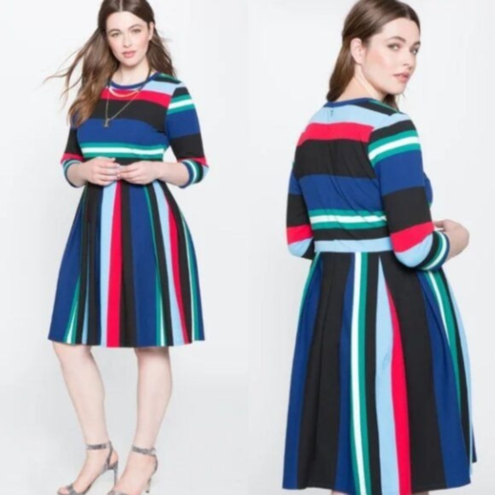 Eloquii Womens Plus Size 16 Striped Fit Flare Ribbed Knit Dress 3/4 Sleeve